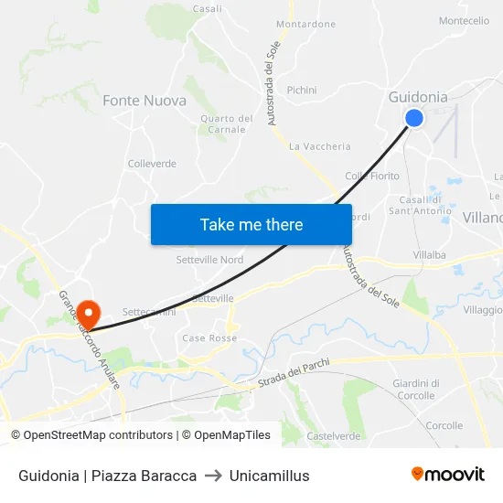 Guidonia | Piazza Baracca to Unicamillus map