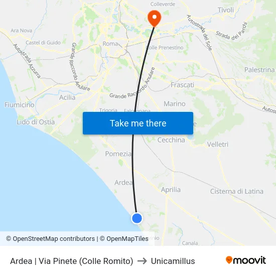 Ardea | Via Pinete (Colle Romito) to Unicamillus map