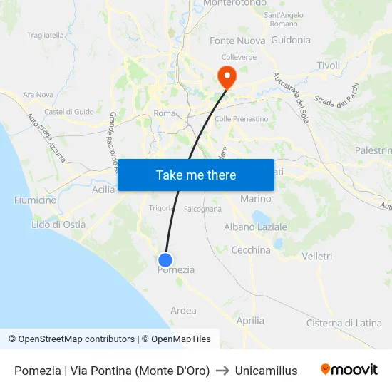 Pomezia | Via Pontina (Monte D'Oro) to Unicamillus map
