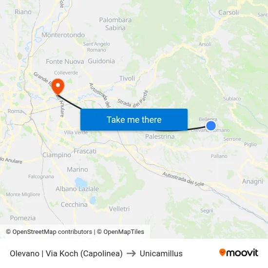 Olevano | Via Koch (Terminal) to Unicamillus map