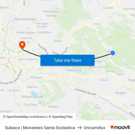 Subiaco | Monastero Santa Scolastica to Unicamillus map