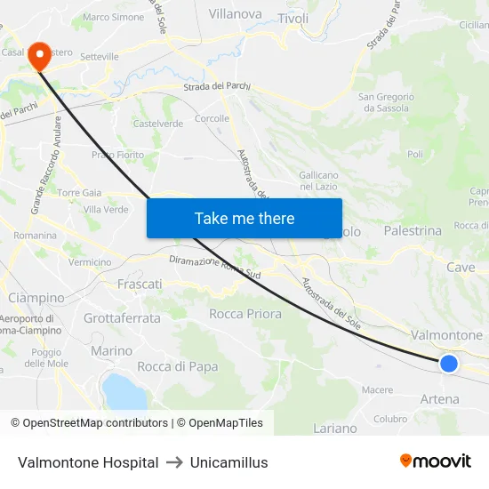 Valmontone Hospital to Unicamillus map