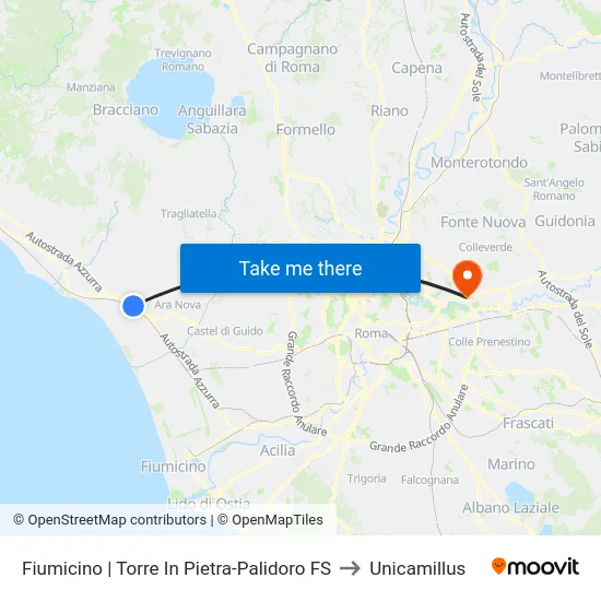Fiumicino | Torre In Pietra-Palidoro FS to Unicamillus map