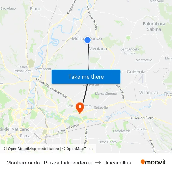 Monterotondo | Piazza Indipendenza to Unicamillus map