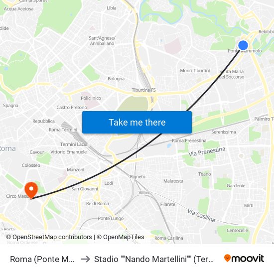 Roma (Ponte Mammolo) to Stadio ""Nando Martellini"" (Terme Di Caracalla) map