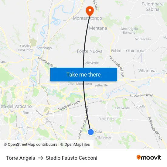 Torre Angela to Stadio Fausto Cecconi map