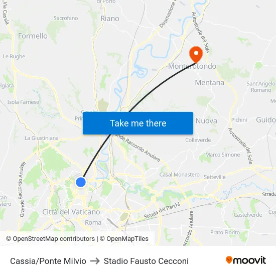 Cassia/Ponte Milvio to Stadio Fausto Cecconi map