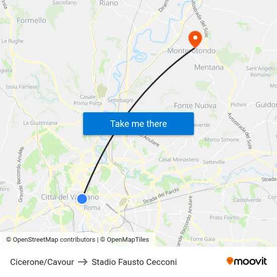Cicerone/Cavour to Stadio Fausto Cecconi map