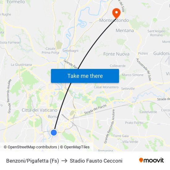 Benzoni/Pigafetta (Fs) to Stadio Fausto Cecconi map