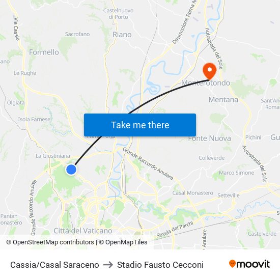 Cassia/Casal Saraceno to Stadio Fausto Cecconi map