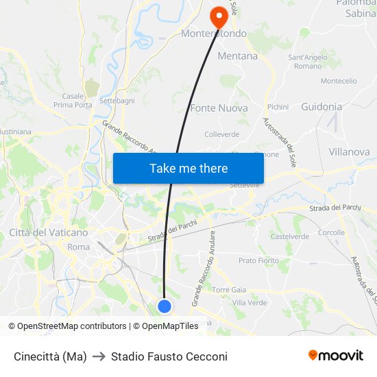 Cinecittà (Ma) to Stadio Fausto Cecconi map