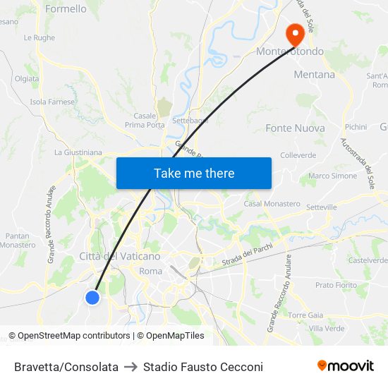 Bravetta/Consolata to Stadio Fausto Cecconi map