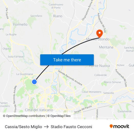 Cassia/Sesto Miglio to Stadio Fausto Cecconi map