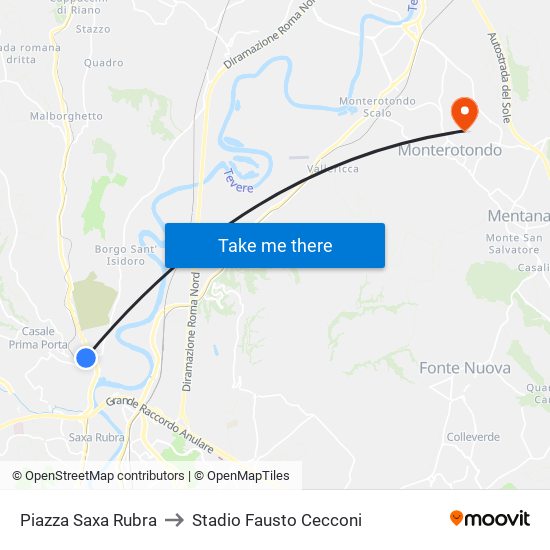 Piazza Saxa Rubra to Stadio Fausto Cecconi map