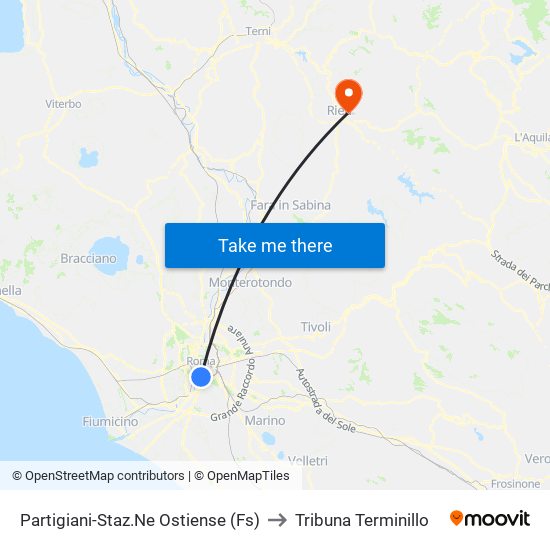 Partigiani-Staz.Ne Ostiense (Fs) to Tribuna Terminillo map