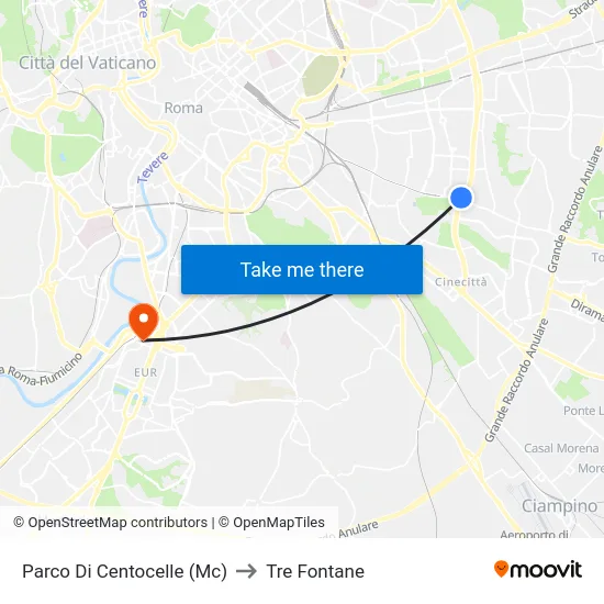 Parco Di Centocelle (Mc) to Tre Fontane map