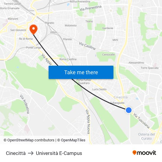 Cinecittà to Università E-Campus map