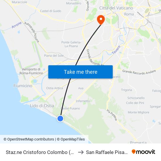 Staz.ne Cristoforo Colombo (Rl) to San Raffaele Pisana map