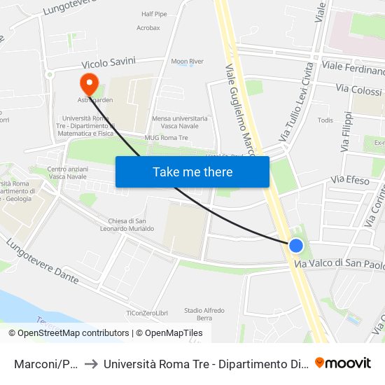 Marconi/Pincherle to Università Roma Tre - Dipartimento Di Matematica E Fisica map