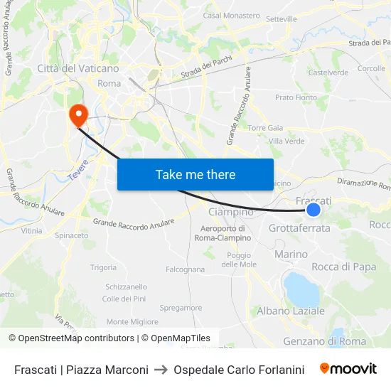 Frascati via Piazza Marconi to Carlo Forlanini Hospital map