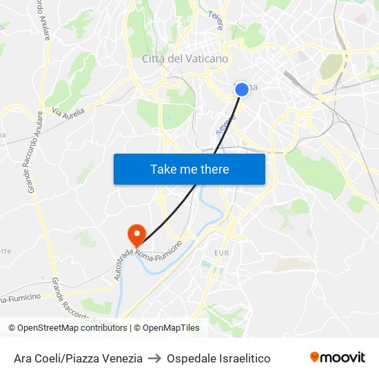 Ara Coeli/Piazza Venezia to Ospedale Israelitico map