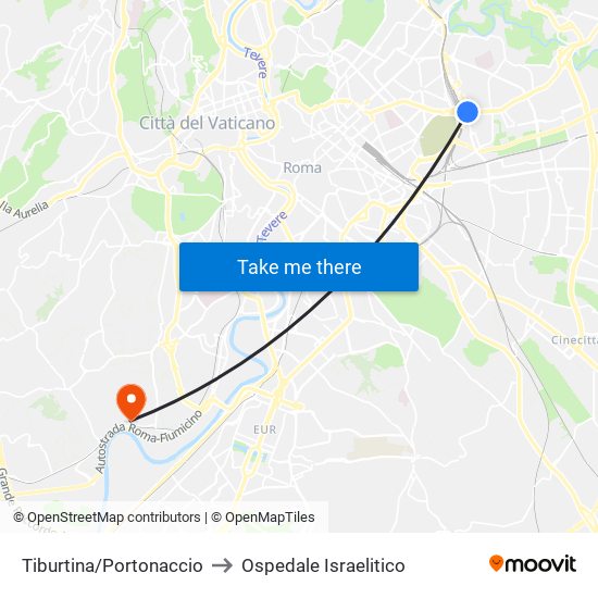 Tiburtina/Portonaccio to Ospedale Israelitico map