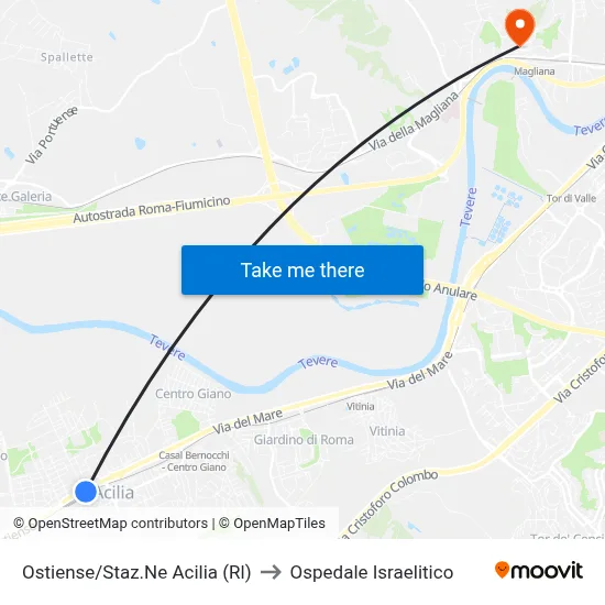 Ostiense/Acilia Station (RL) to Israelitic Hospital map