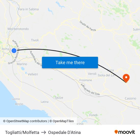 Togliatti/Molfetta to Ospedale D'Atina map