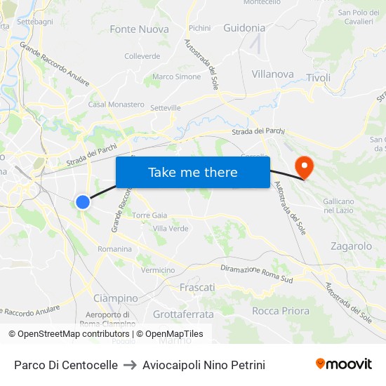 Parco Di Centocelle to Aviocaipoli Nino Petrini map