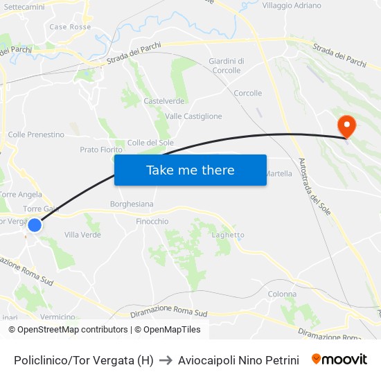 Policlinico/Tor Vergata (H) to Aviocaipoli Nino Petrini map