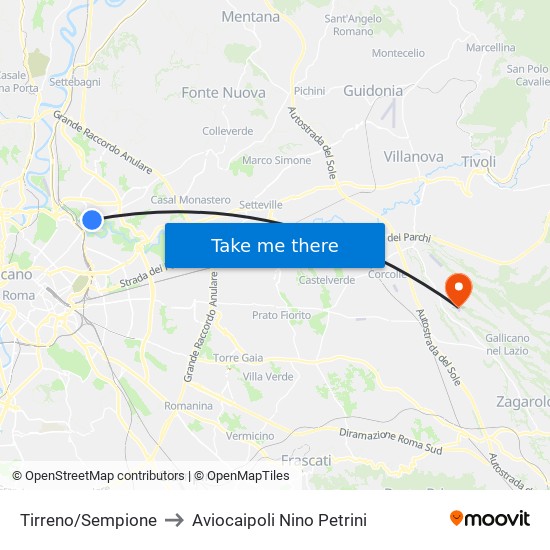 Tirreno/Sempione to Aviocaipoli Nino Petrini map