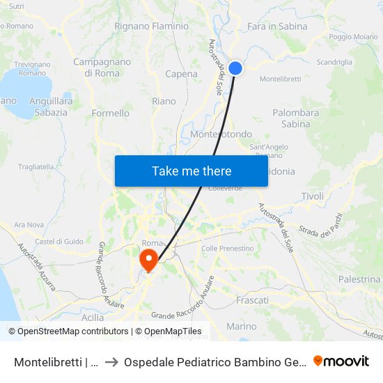 Montelibretti | Stazione FS to Ospedale Pediatrico Bambino Gesù - Sede Di Via Baldelli map