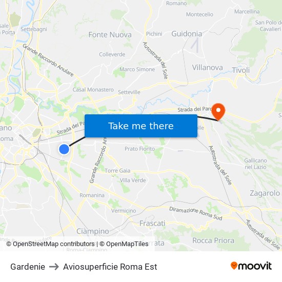 Gardenie to Aviosuperficie Roma Est map