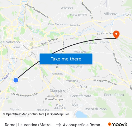 Roma | Laurentina (Metro B) to Aviosuperficie Roma Est map