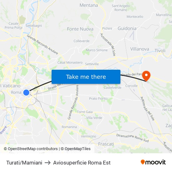 Turati/Mamiani to Aviosuperficie Roma Est map