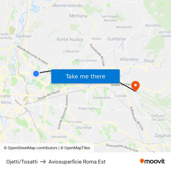Ojetti/Tosatti to Aviosuperficie Roma Est map
