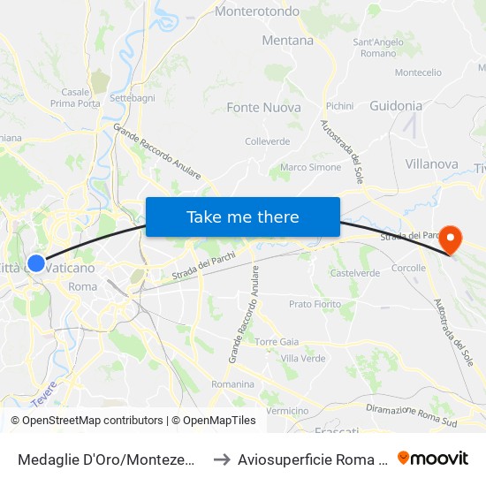 Medaglie D'Oro/Montezemolo to Aviosuperficie Roma Est map