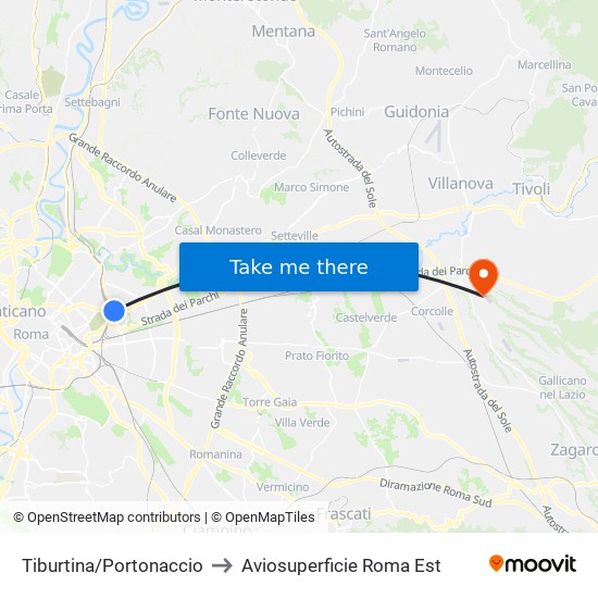 Tiburtina/Portonaccio to Aviosuperficie Roma Est map