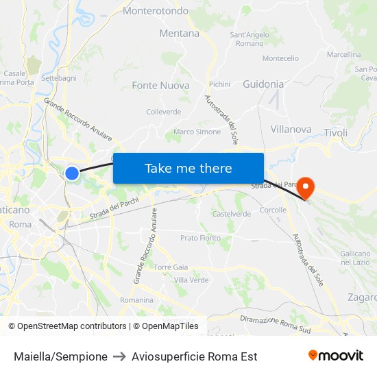 Maiella/Sempione to Aviosuperficie Roma Est map