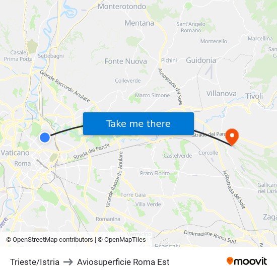 Trieste/Istria to Aviosuperficie Roma Est map