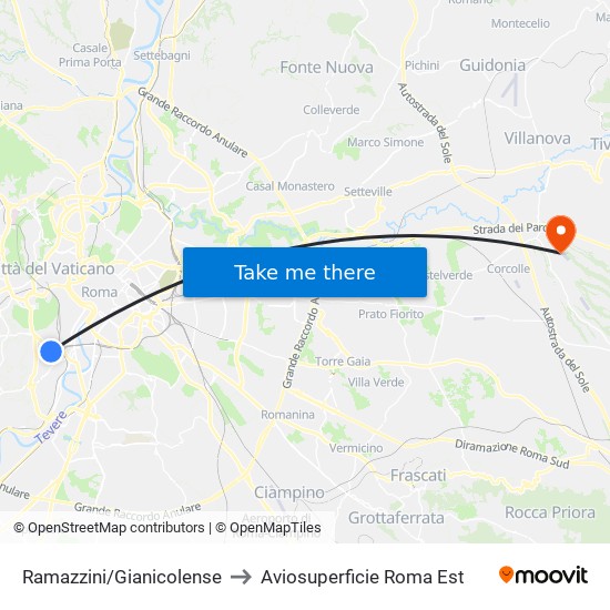 Ramazzini/Gianicolense to Aviosuperficie Roma Est map