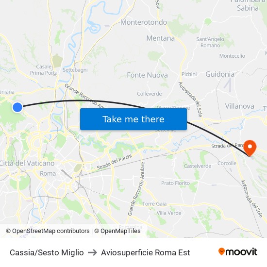 Cassia/Sesto Miglio to Aviosuperficie Roma Est map