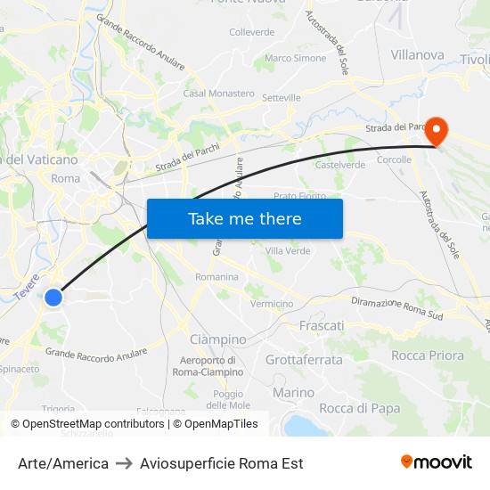 Arte/America to Aviosuperficie Roma Est map