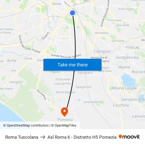 Roma Tuscolana to Asl Roma 6 - Distretto H5 Pomezia map