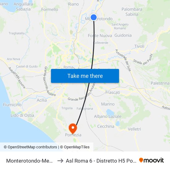 Monterotondo-Mentana to Asl Roma 6 - Distretto H5 Pomezia map