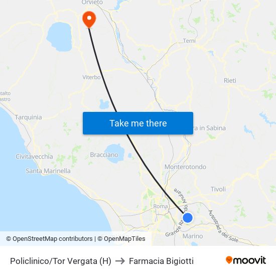 Policlinico/Tor Vergata (H) to Farmacia Bigiotti map