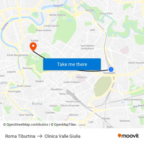 Roma Tiburtina to Clinica Valle Giulia map