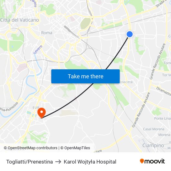 Togliatti/Prenestina to Karol Wojtyła Hospital map