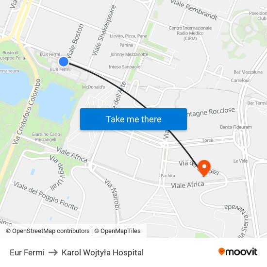 Eur Fermi to Karol Wojtyła Hospital map