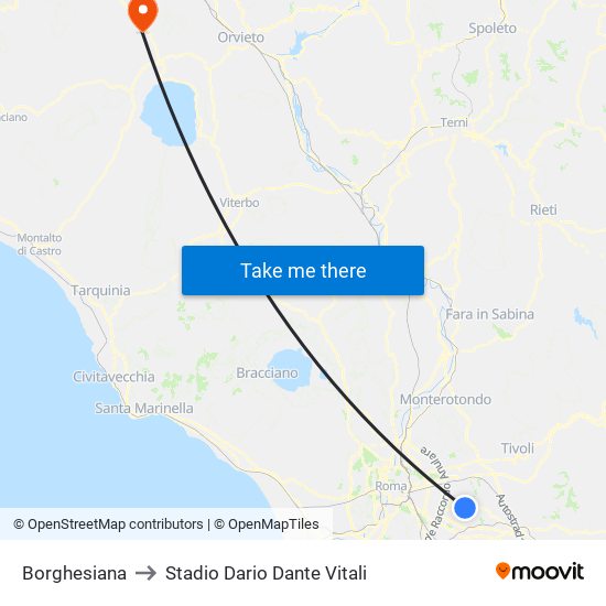 Borghesiana to Stadio Dario Dante Vitali map